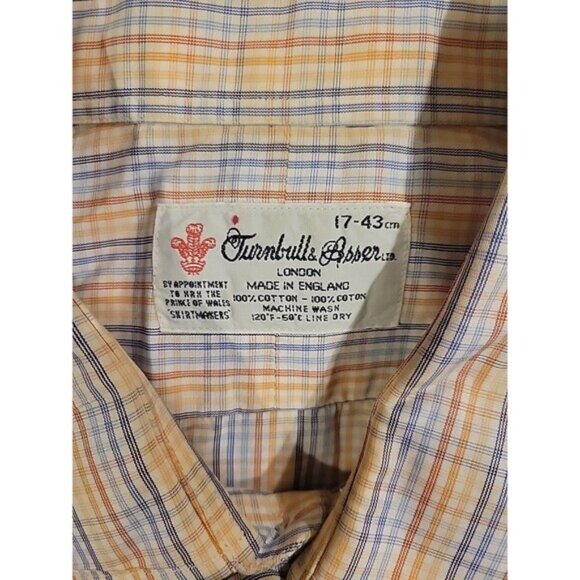 Turnbull & Asser Shirt Orange/Blue Plaid Long Sleeve Cotton Sz 17/43 Work Career - Picture 5 of 6
